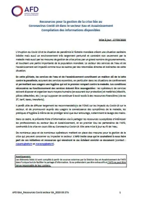 Ressources pour la gestion de la crise liée au Coronavirus Covid-19 dans le secteur eau et assainissement 