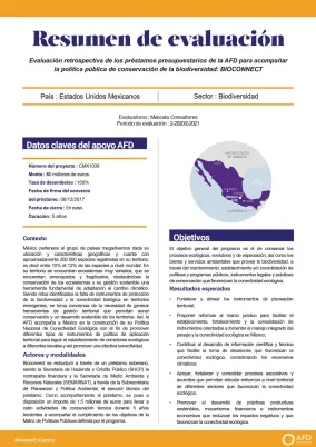 Resumen de evaluación - Préstamos presupuestarios de la AFD para acompañar la política pública de conservación de la biodiversidad: BIOCONNECT y BIOMEXCMX1018-CMX1038