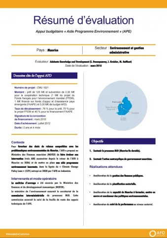 Résumé d'évaluation - Appui budgétaire « Aide Programme Environnement » (APE)
