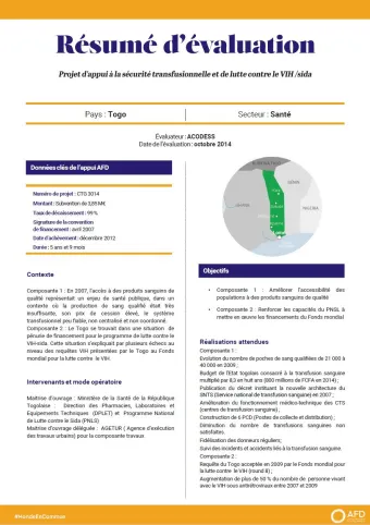 Résumé d'évaluation - Projet d’appui à la sécurité transfusionnelle et de lutte contre le VIH /sida, Togo