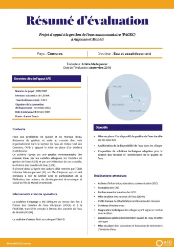 Résumé d'évaluation - Projet d’appui à la gestion de l’eau communautaire (PAGEC) à Anjouan et Mohéli, Comores