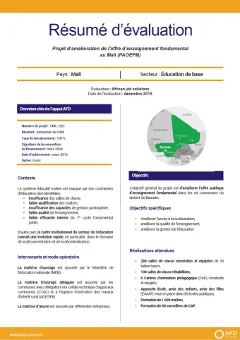 Résumé d'évaluation - Projet d’amélioration de l’offre d’enseignement fondamental au Mali (PAOEFM)