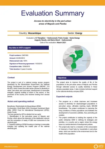 Evaluation Summary -Access to electricity in the peri-urban areas of Maputo and Pemba (EDAP) CMZ1093 