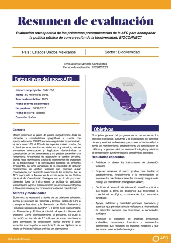 Resumen de evaluación - Préstamos presupuestarios de la AFD para acompañar la política pública de conservación de la biodiversidad: BIOCONNECT y BIOMEXCMX1018-CMX1038