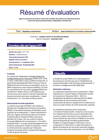Résumé d'évaluation - Appui au processus de sortie de crise et de transition des secteurs de l'éducation de base et de la formation professionnelle CCF1133