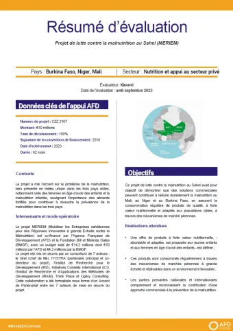 Evaluation du Projet de lutte contre la malnutrition au Sahel (MERIEM) AFD